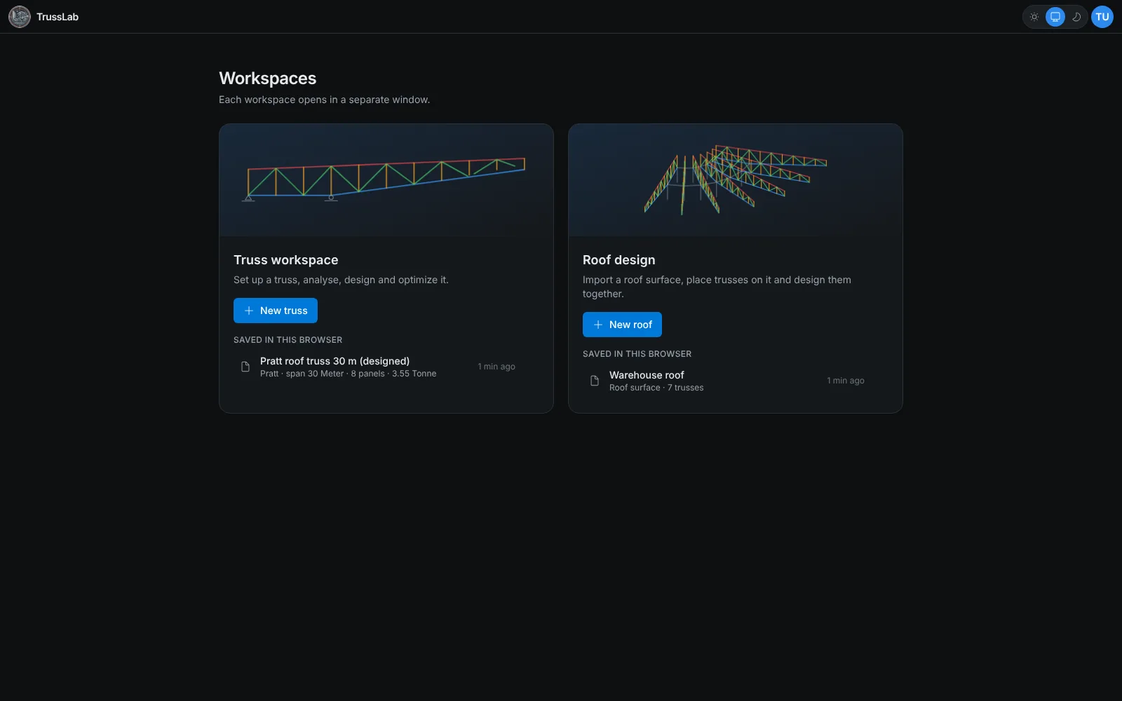 TrussLab workspaces: truss and roof, with the projects saved in the browser