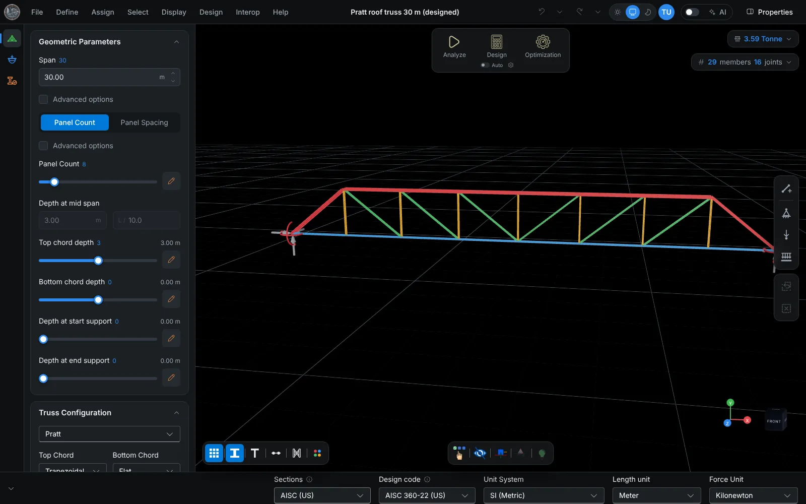 Pratt roof truss of 30 m span with its geometric parameters