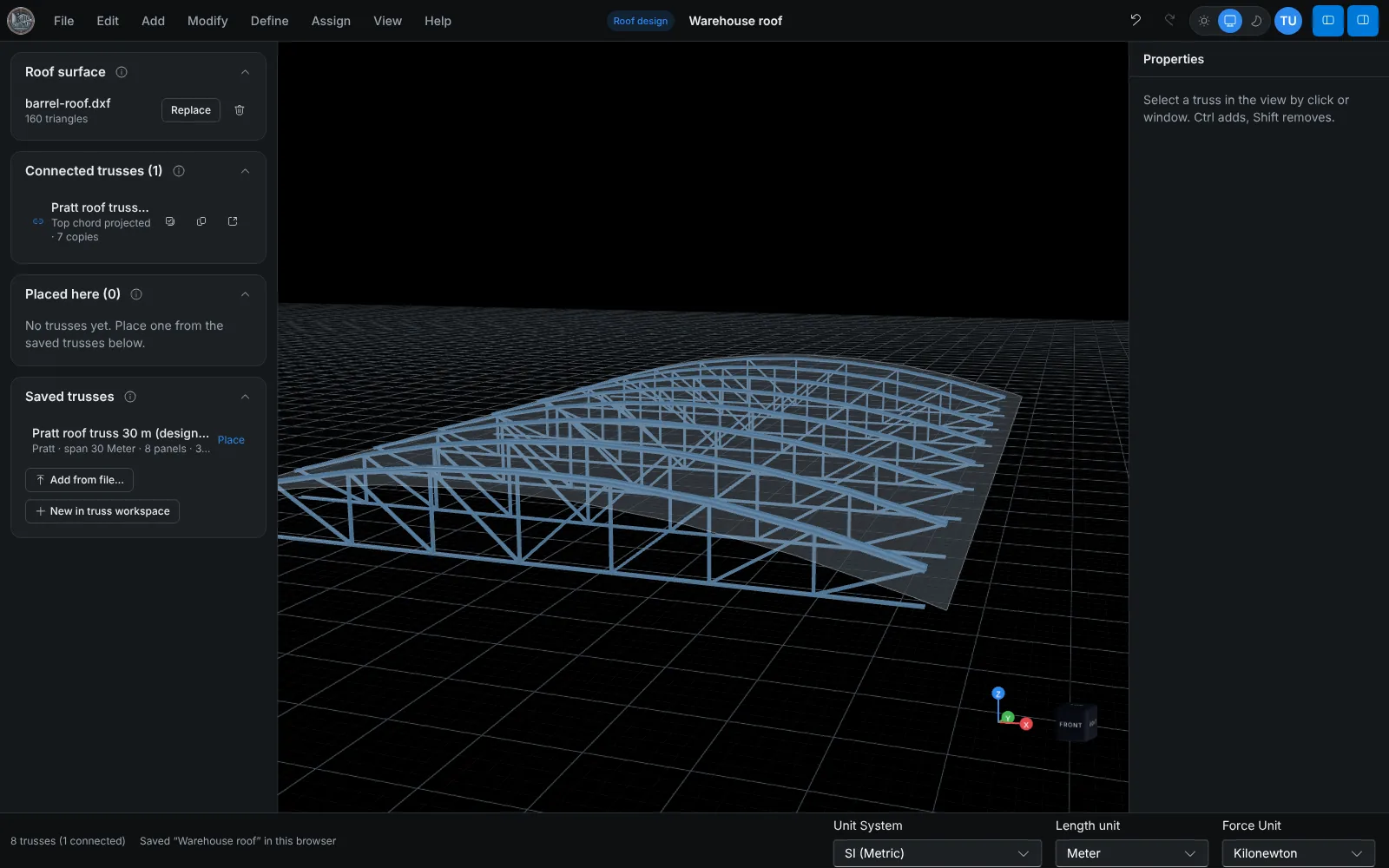Roof workspace with a DXF roof surface and eight copies of the connected truss