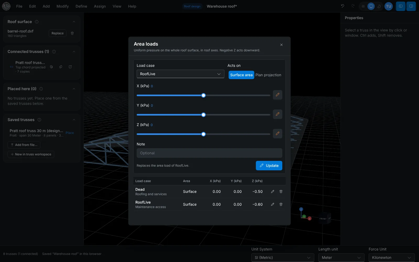 Area loads dialog of the roof workspace with dead and roof live pressures