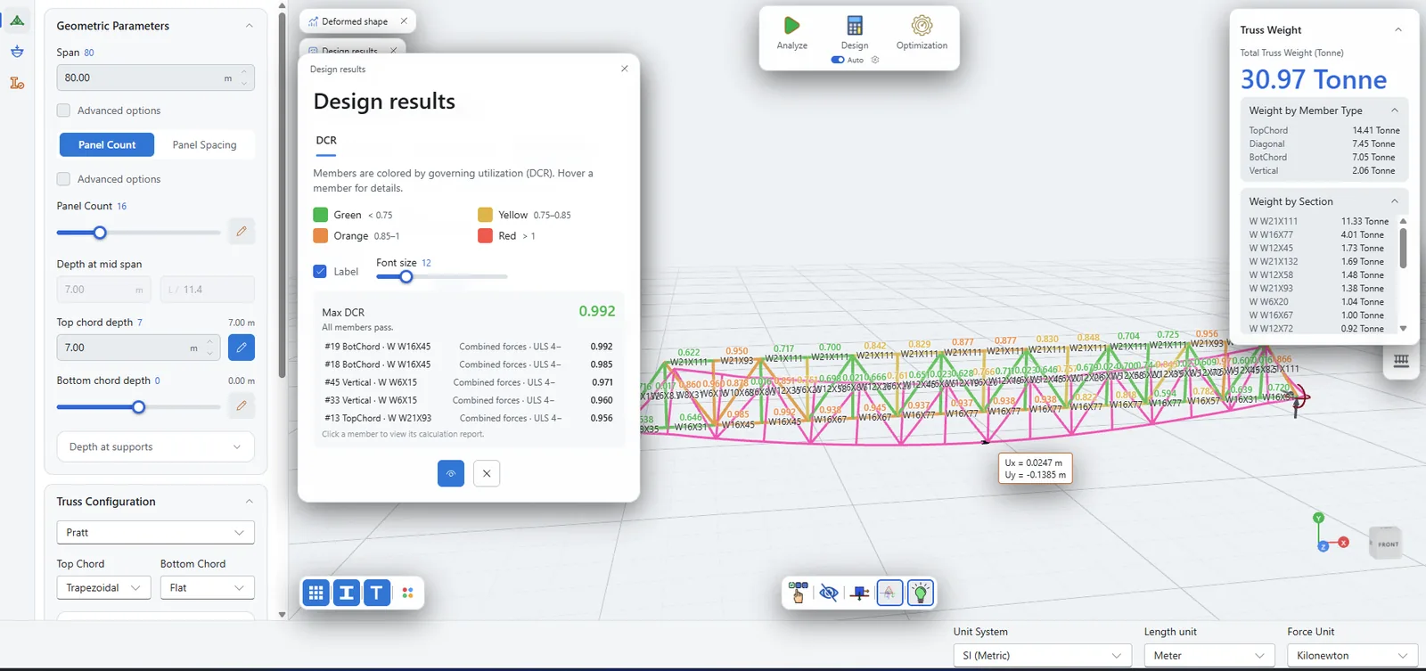 Pratt truss of 80 m span in TrussLab with members colored by DCR, total weight 30.97 tonnes